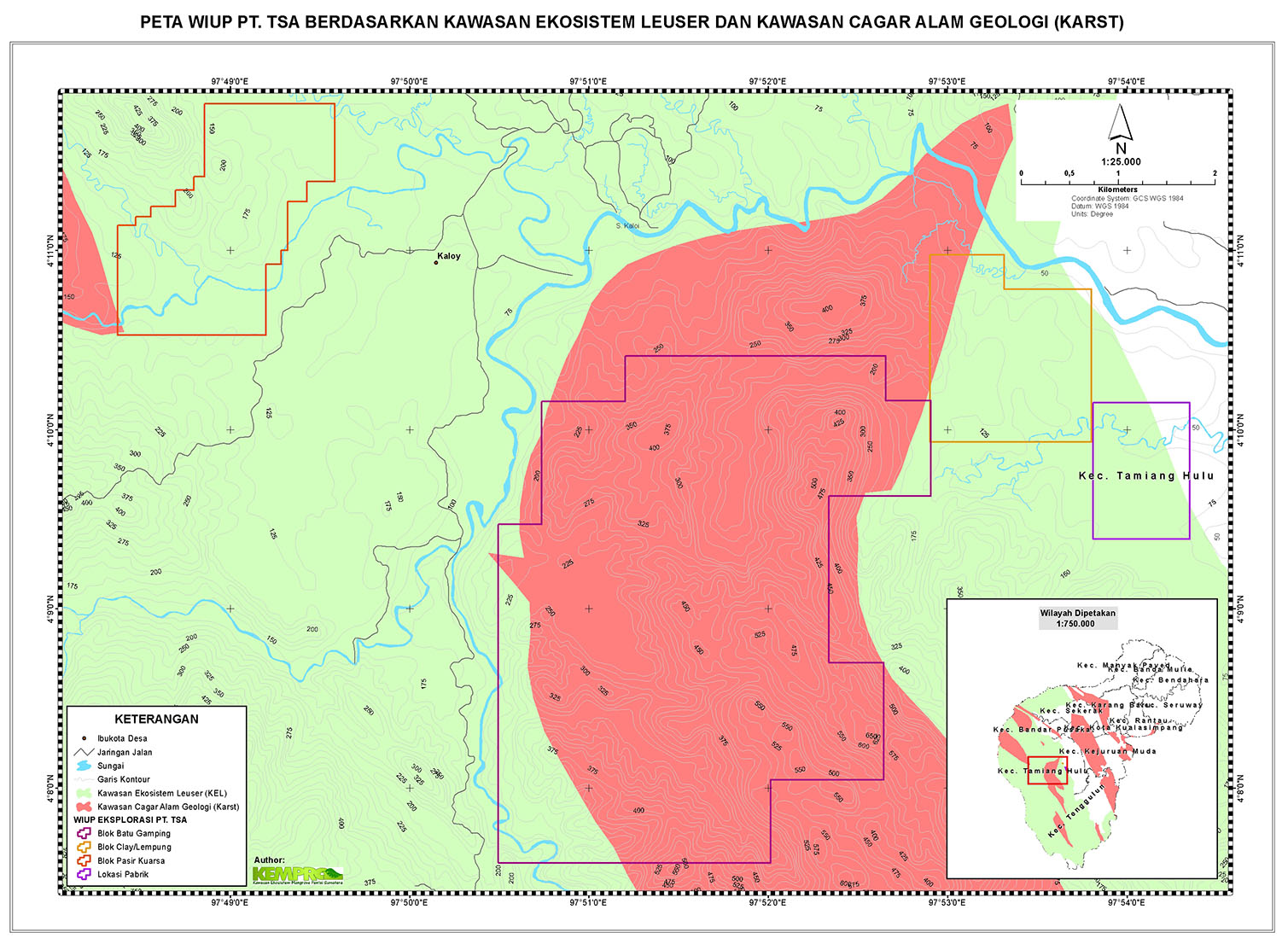 Peta WIUP PT TSA berdasarkan kawasan ekosistem leuser dan kawasan cagar alam geologi