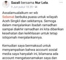 Akun Facebook Wakil Bupati Aceh Singkil Dipalsukan