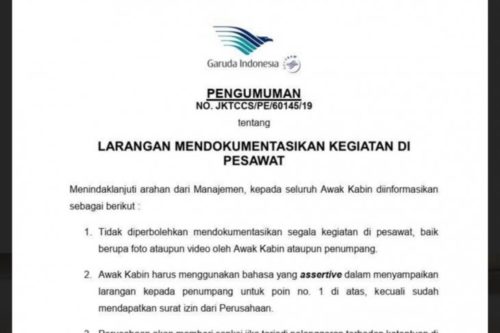 Garuda Larang Kegiatan Memotret dalam Pesawat