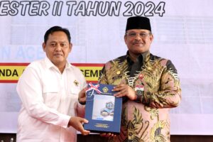 Penjabat Gubernur Aceh, Dr. H. Safrizal ZA, M.Si, memberi sambutan sekaligus menerima penyerahan Laporan Hasil Pemeriksaan Kinerja dan Pemeriksaan Dengan Tujuan Tertentu Semester I tahun 2024 dari, Kepala Perwakilan BPK Provinsi Aceh, Triyantoro, di Aula Kantor BPK Perwakilan Aceh, Senin, 23/12/2024 Foto: Biro Adpim