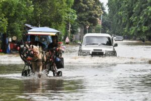 Pengendara mobildan delman melintasi genangan air di Jalan Boulevard Barat Raya, Kelapa Gading, Jakarta Utara, Rabu (29/1/2025). (Foto: ANTARA FOTO/Fakhri Hermansyah/YU)