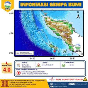 Gempa bumi berkekuatan magnitudo 4,0 terjadi di barat daya Sinabang, Aceh, pada Selasa (26/2/2025) pukul 13.26 WIB. Foto : BMKG