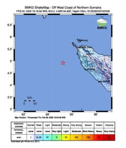 Gempa bumi mengguncang Banda Aceh dengan kekuatan 5,2 magnitudo, Kamis (20/2/2025). Foto : BMKG